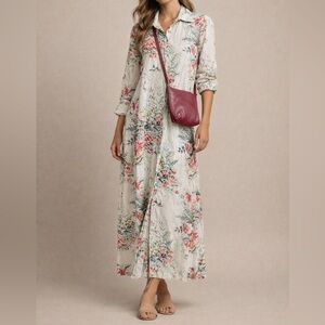 Zara Floral 3/4 Sleeves Cotton Oversized Button Down Collar Dress Size XS